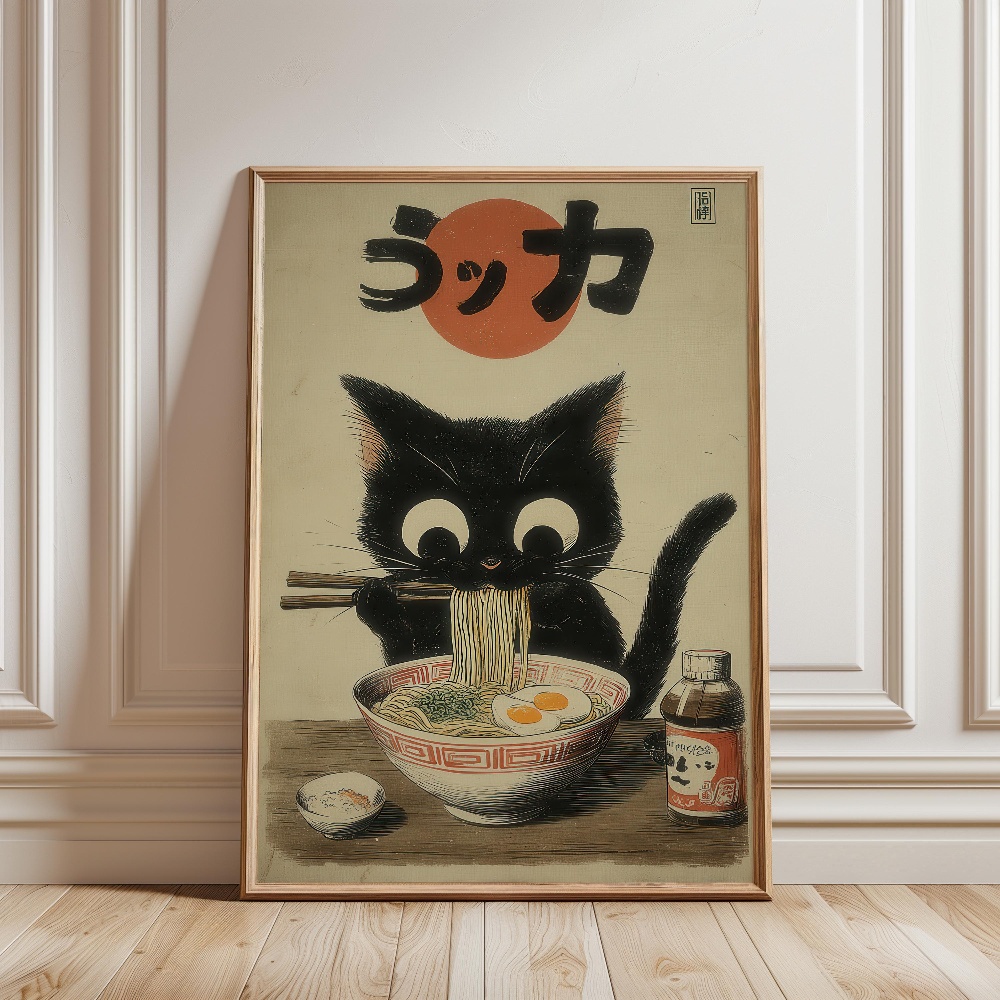 Black Cat Eating Ramen Rainy G - Japanese Eating Lifestyle 评论和价格